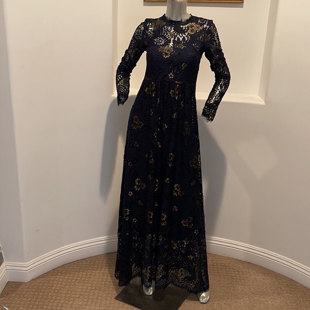Made in Italy Lace Blue/Gold Lace Maxi Dress Long Sleeve Mock-neck Size M